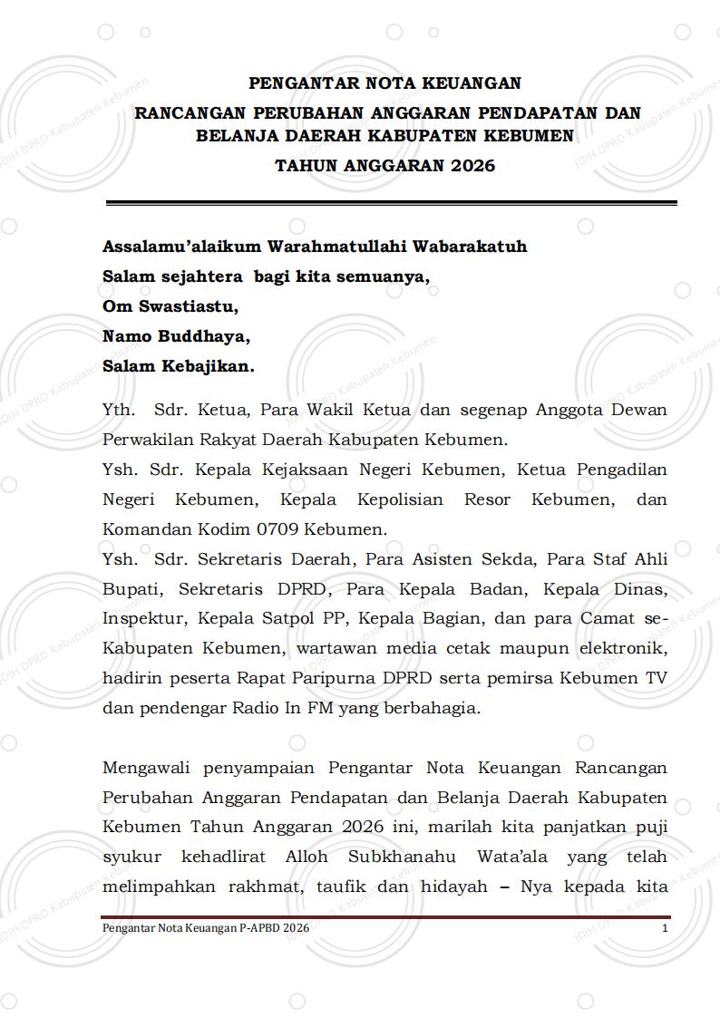 Pengantar Nota Keuangan Rancangan Perubahan APBD Kabupaten Kebumen Tahun Anggaran 2026